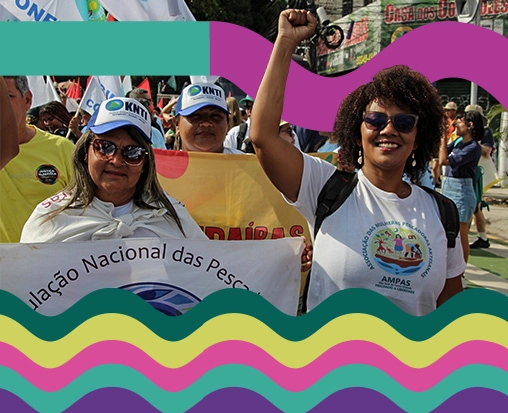 Pescadoras participam da Marcha Global pelo Clima durante a COP30. Crédito: Henrique Cavalheiro / Comunicação CPP